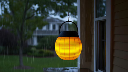 Hanging lantern, glowing orange-yellow, rain falling, porch light, evening