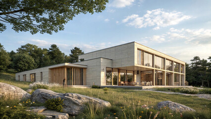 Obraz premium Modern minimalist house with large windows nestled in a lush green forest landscape during daytime