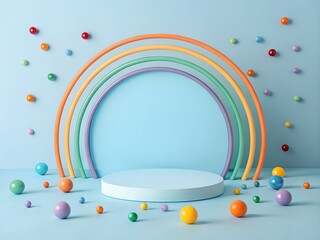Colorful rainbow arch with podium and balls