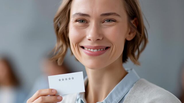 Happy smiling woman with card showing five star rating. Successful gamified learning business concept with digital security