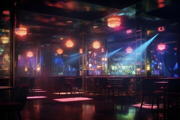 Empty retro style bar with colorful stage lights illuminating bar counter and tables