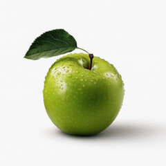 Green apple with water droplets and single leaf on white background, fresh and crisp fruit, healthy eating concept