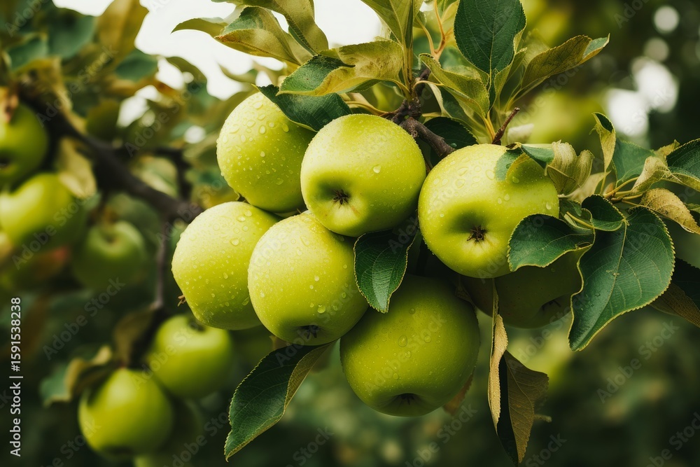Poster cluster of ripe green apples with dewdrops on tree branch