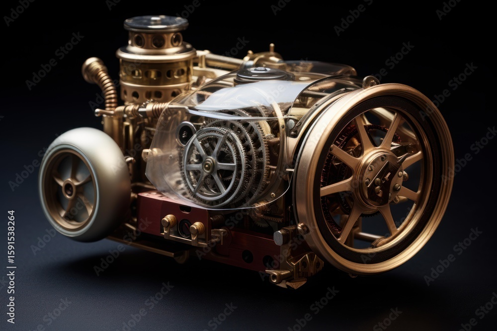 Poster steampunk inspired contraption featuring exposed gears, wheels, and a transparent casing, highlighti