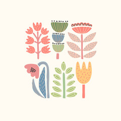 Set of stylized flowers. Multicolored floral print.