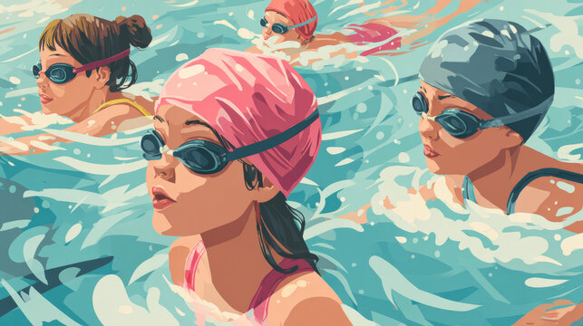Another vector-based promotional graphic for childrenâ€™s swim classes, emphasizing structured coaching - Powered by Adobe