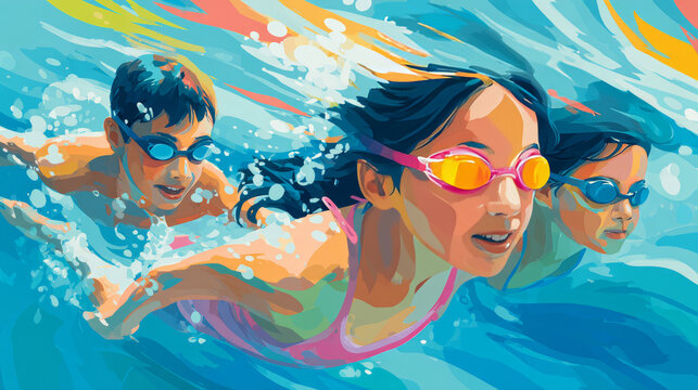 Another vector-based promotional graphic for childrenâ€™s swim classes, emphasizing structured coaching