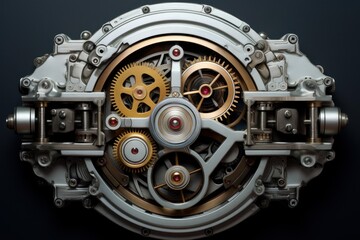 Complex clockwork mechanism with spinning gears and intricate details, showcasing precision engineering and industrial design
