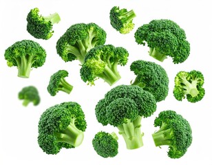 Fresh broccoli florets in mid-air