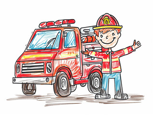 A cheerful cartoon of a firefighter in firefighter gear, standing next to the fire truck.
