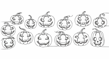 Halloween Pumpkin Faces Line Art.