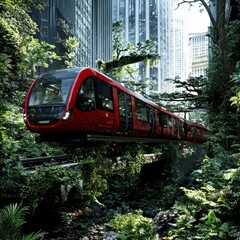 Fototapeta premium Red Train Navigating Through Lush Greenery in a Modern Cityscape