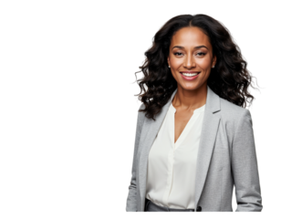 Smiling confident businesswoman wearing a grey suit and white blouse isolated on transparent background