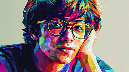 Colorful polygonal portrait of a young person with glasses, hands resting on cheeks.  A vibrant, geometric style is used to depict a thoughtful expression