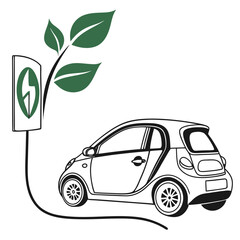 Electric car charging with green leaves symbol charging station