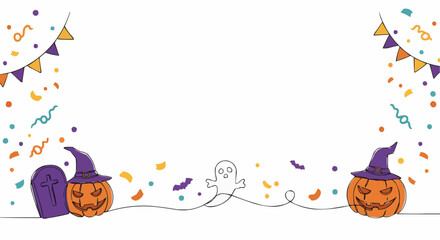Fototapeta premium Halloween decorations and elements, like pumpkins with witch hats, a tombstone, and a ghost.