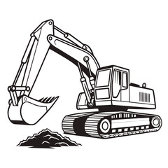 Excavator digging dirt pile black and white construction