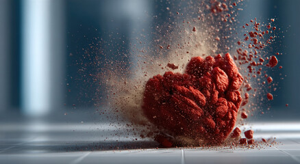 Exploding red heart sculpture bursts with dynamic energy, symbolizing intense love emotion and passion in dramatic modern art style