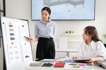 Woman architect designer select material compare samples finishing. Female interior creator...