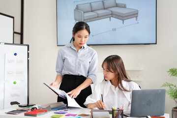 Woman architect designer select material compare samples finishing. Female interior creator...