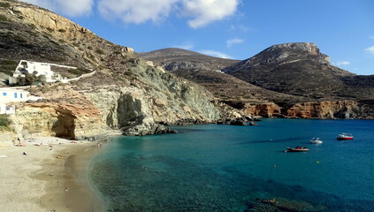 Picturesque beach in Folegandros, Cyclades. Scenic greek landscape with aegean sea and hills 