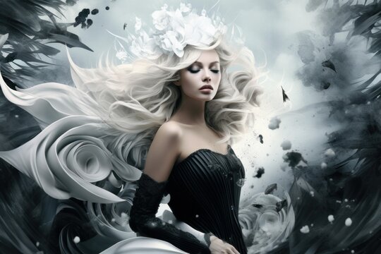 Stunning fantasy woman with long white hair and elegant dark dress, wearing a floral crown, posing in a surreal abstract background with black and white smoky clouds