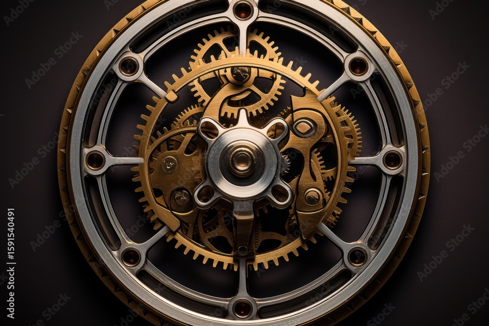 Poster close up of a complex clockwork mechanism, showcasing the intricate interplay of gears and cogs