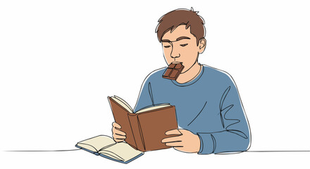 A boy reading a book and eating chocolate at the same time.