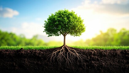 Lush tree with extensive roots in fertile soil