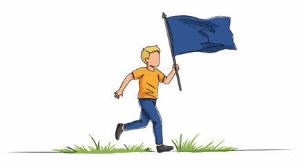 A determined individual triumphantly running while carrying a vibrant blue flag.