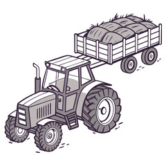Gray tractor towing trailer full of hay bales farming