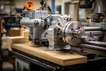 Close up of industrial lathe machine shaping metal part in manufacturing workshop