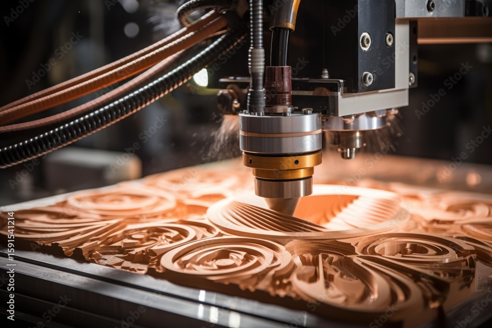 Poster automated cnc milling machine carving intricate design into wooden panel, showcasing precision and c