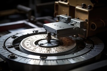 High precision industrial measuring machine performing calibration with a circular scale in a laboratory setting