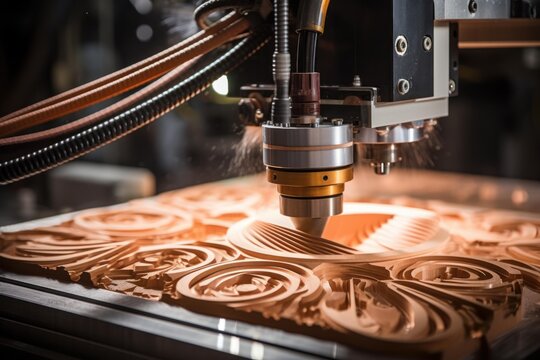 Automated cnc milling machine carving intricate design into wooden panel, showcasing precision and craftsmanship in modern woodworking