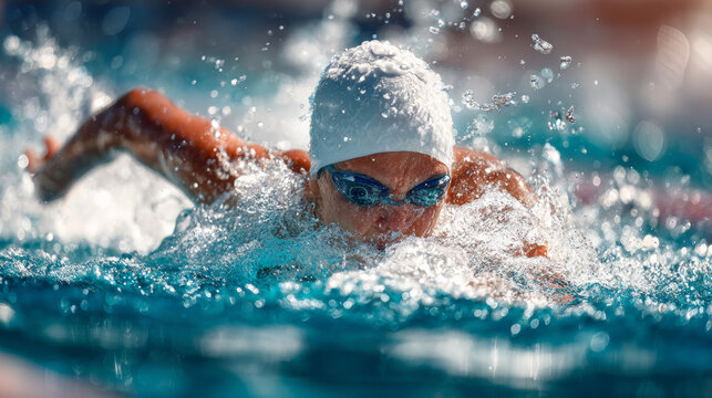 A female swimmer wearing a white swim cap and goggles executes the freestyle stroke in an outdoor pool