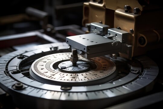 High precision industrial measuring machine performing calibration with a circular scale in a laboratory setting