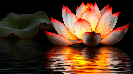 Glowing lotus flower on dark water, vibrant petals
