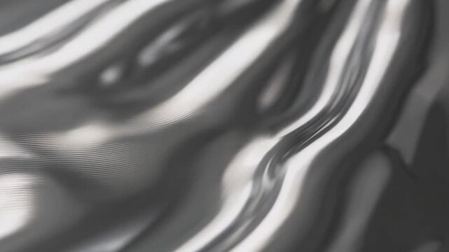 Abstract grayscale waves in a metalic smooth surface, minimalist artistic texture. The reflective play of light and shadow evokes a sense of movement and depth