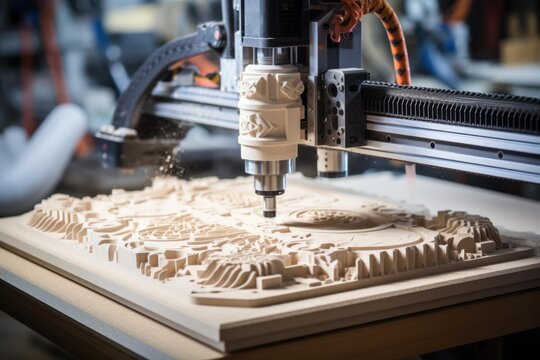 Automated cnc wood router carving intricate design on furniture panel in a woodworking workshop - Powered by Adobe