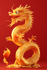 Fototapeta premium Majestic golden dragon sculpture with intricate details against a vibrant red background