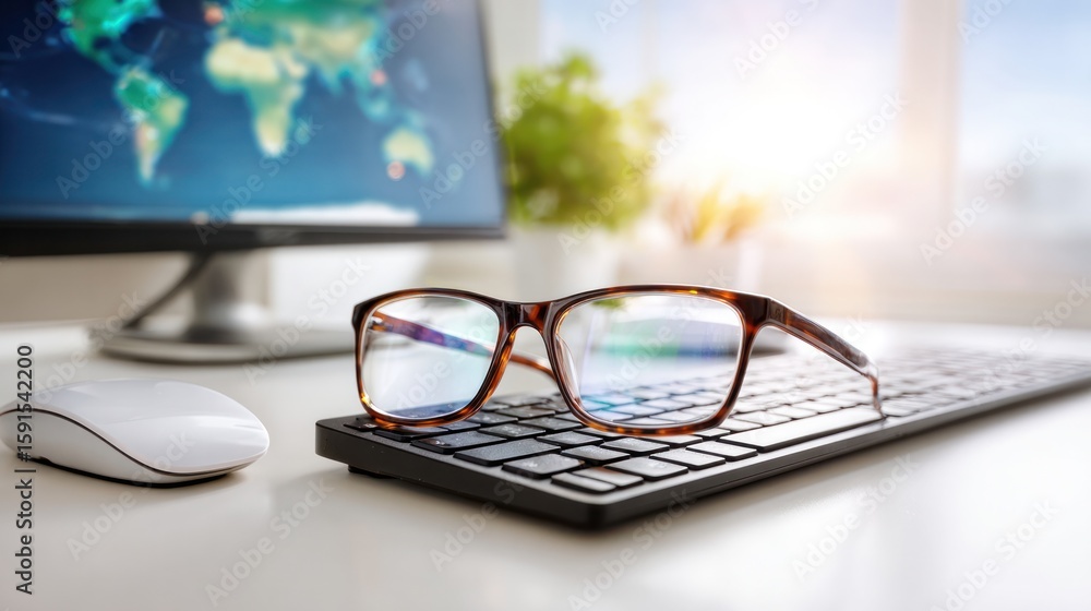 Poster digital workspace with eyeglasses: an inviting workspace setting with eyeglasses resting on a keyboa