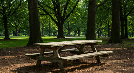 Wooden picnic table in a lush green park, perfect for outdoor meals