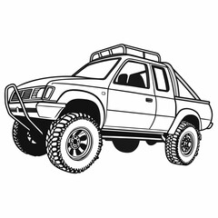 Off road pickup truck with large tires and roof rack