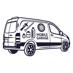 Mobile garage van with tools wrench