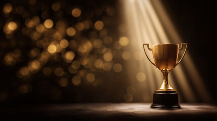Glowing Gold Trophy on Velvet Podium with Dramatic Spotlight and Subtle Bokeh