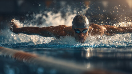 A male swimmer performs the butterfly stroke during an indoor competition, demonstrating power and precision