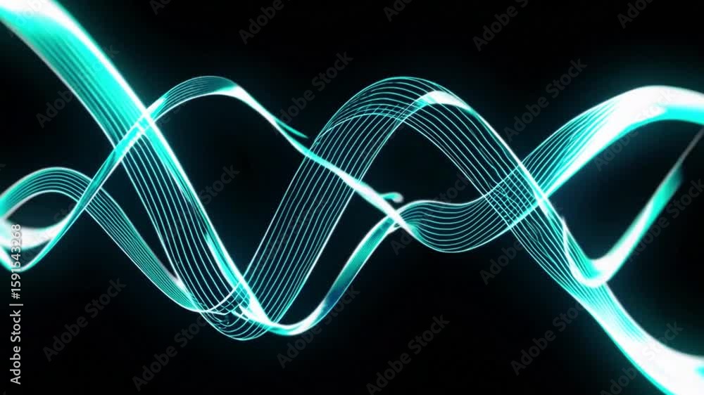 Poster abstract lines of luminous teal colors twist and curve, dancing across a dark background, creating a