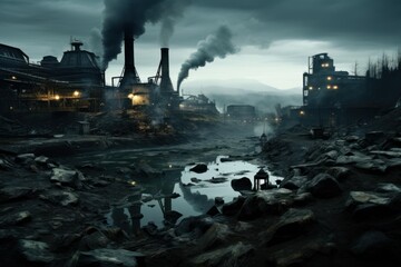 Smoke billowing from industrial chimneys pollutes a dark and desolate landscape