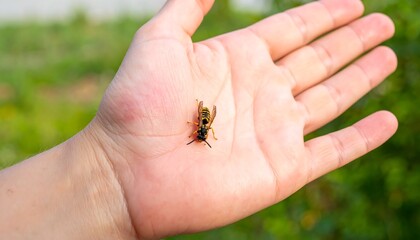 Obraz premium A small insect rests on a hand outdoors